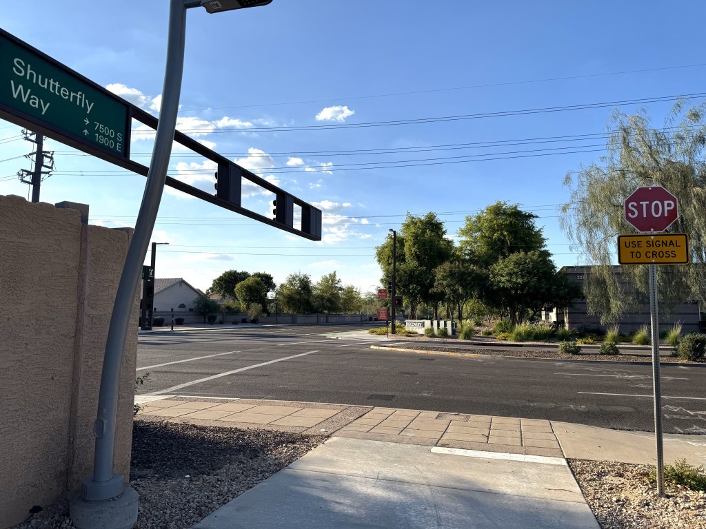 An intersection of the path and a road