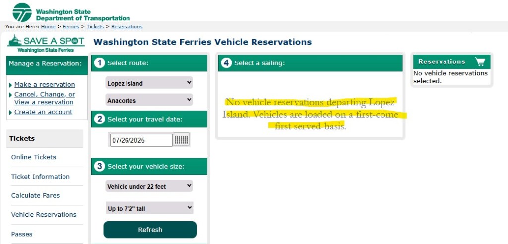 A screenshot of the WSDOT Ferry Website as of July 26, 2025. No reservations for vehicles leaving Lopez Island. 