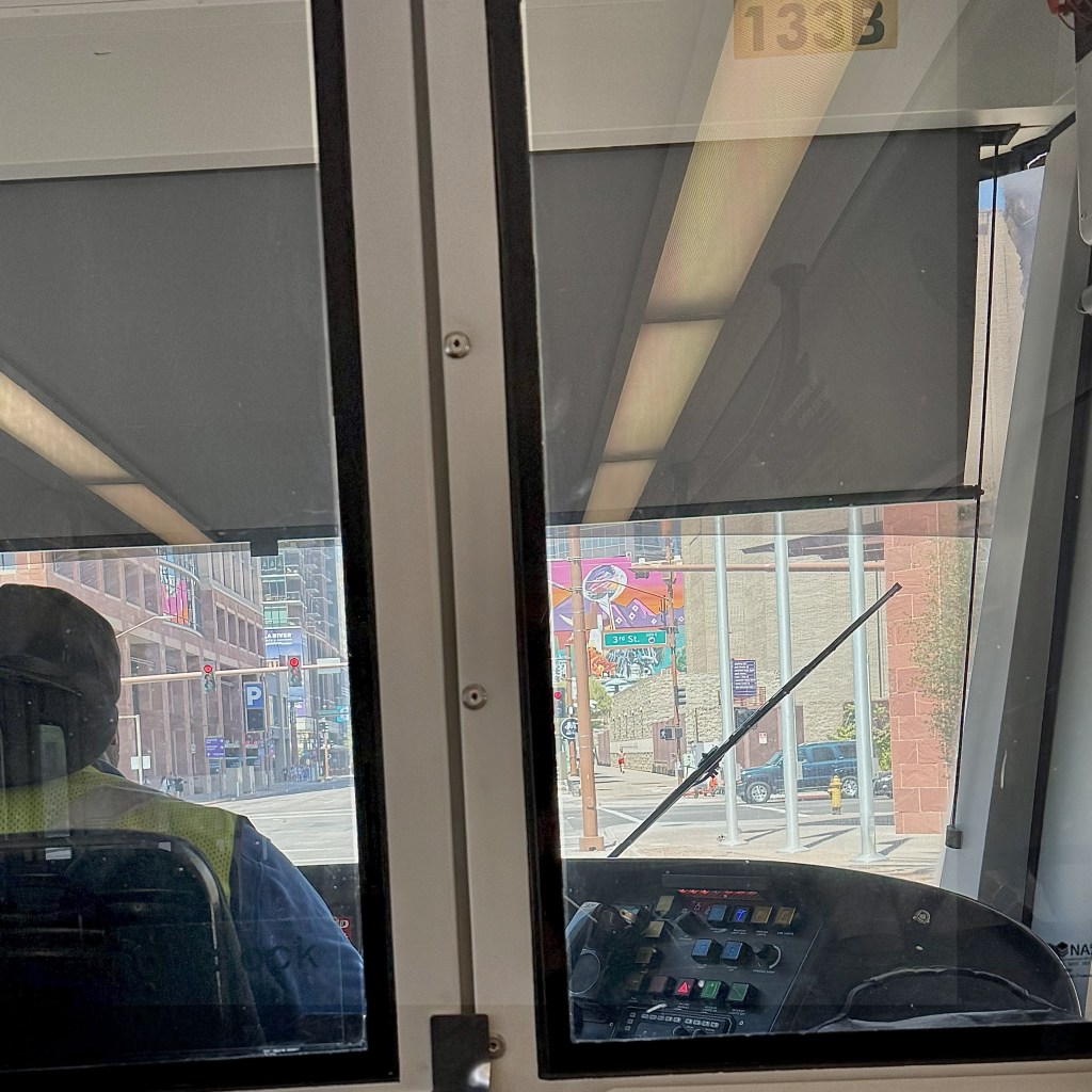 View through windshield of light rail