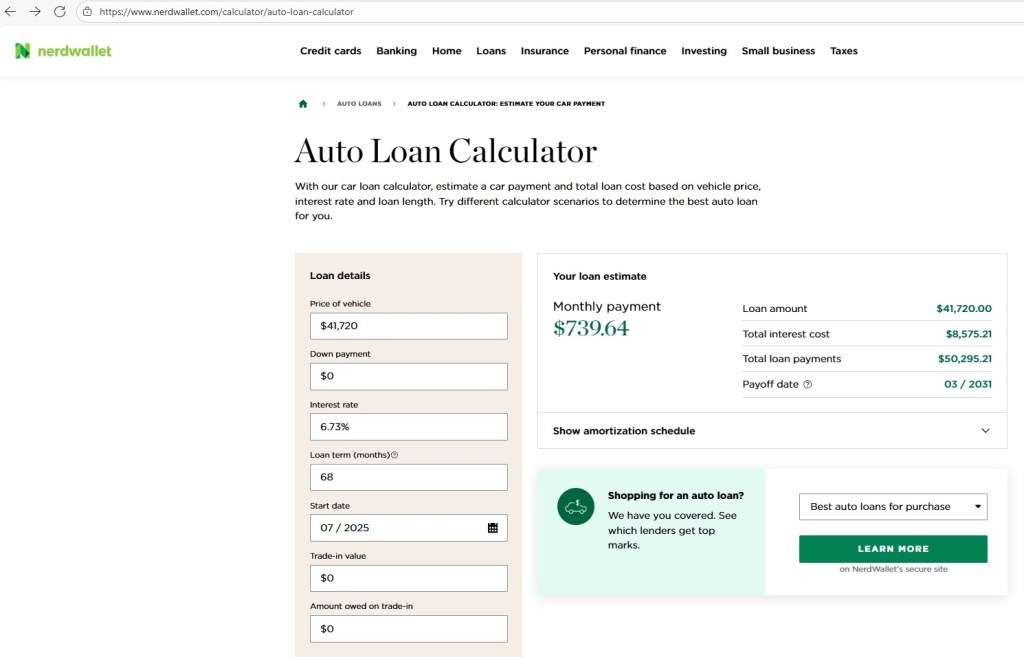 Screenshot of Nerdwallet website displaying calculation of interest at average car payment rate.