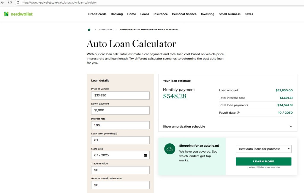 Nerdwallet screenshot of hypothetical Subaru finance calculation