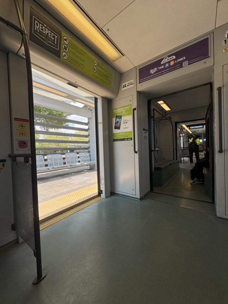Light rail interior looking towards an open door