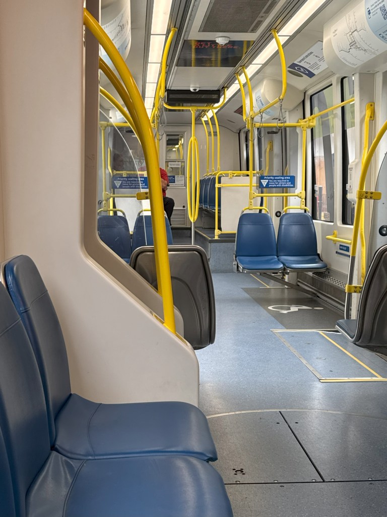 The interior of a Max light rail vehicle.