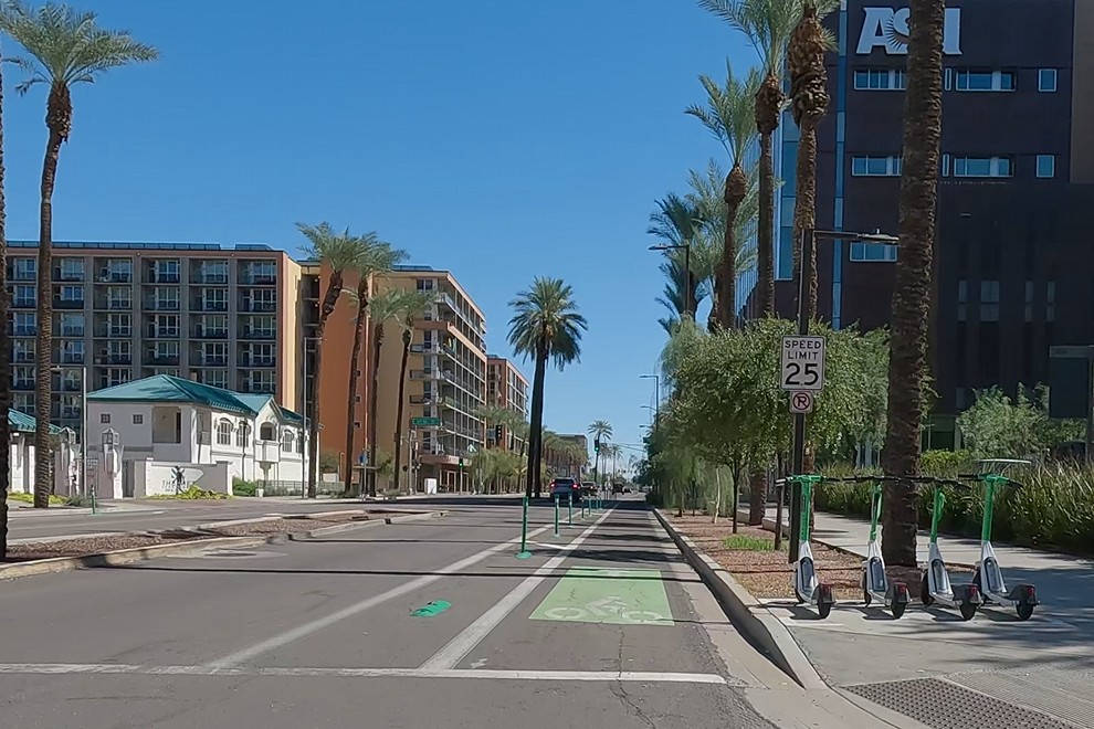 A new protected bicycle lane in downtown Phoenix.