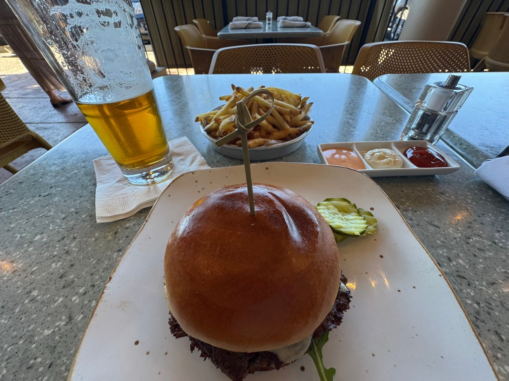 A hamburger and a beer