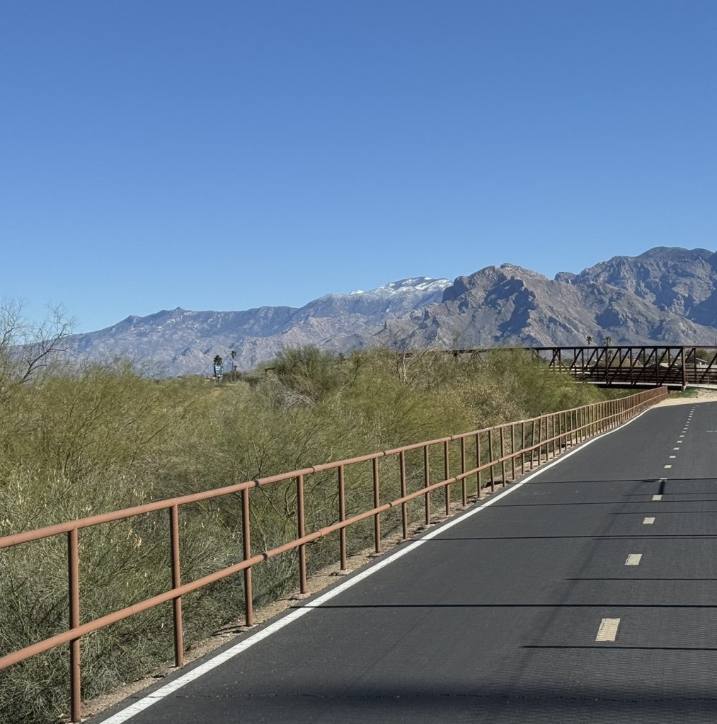 Snow atop Arizona's Catalina Mountains as seen from the Loop path.