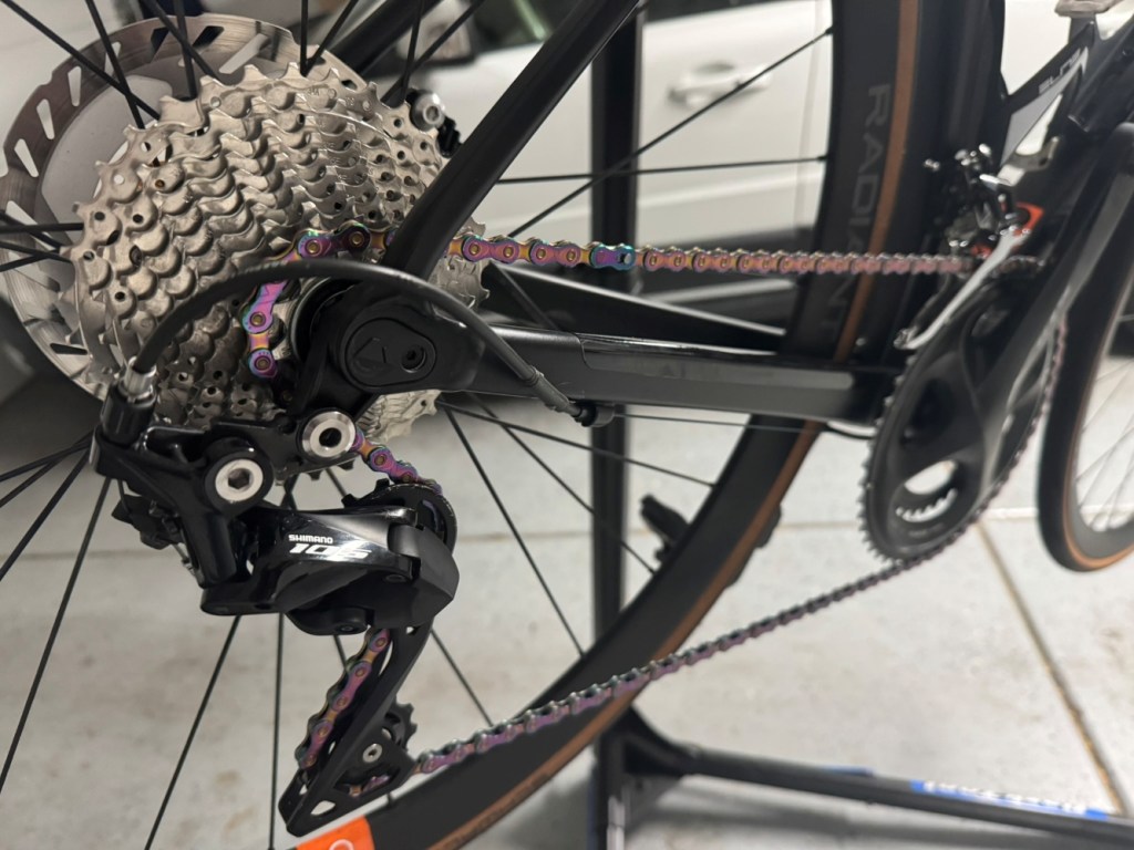 A clean bicycle chain on a road bike