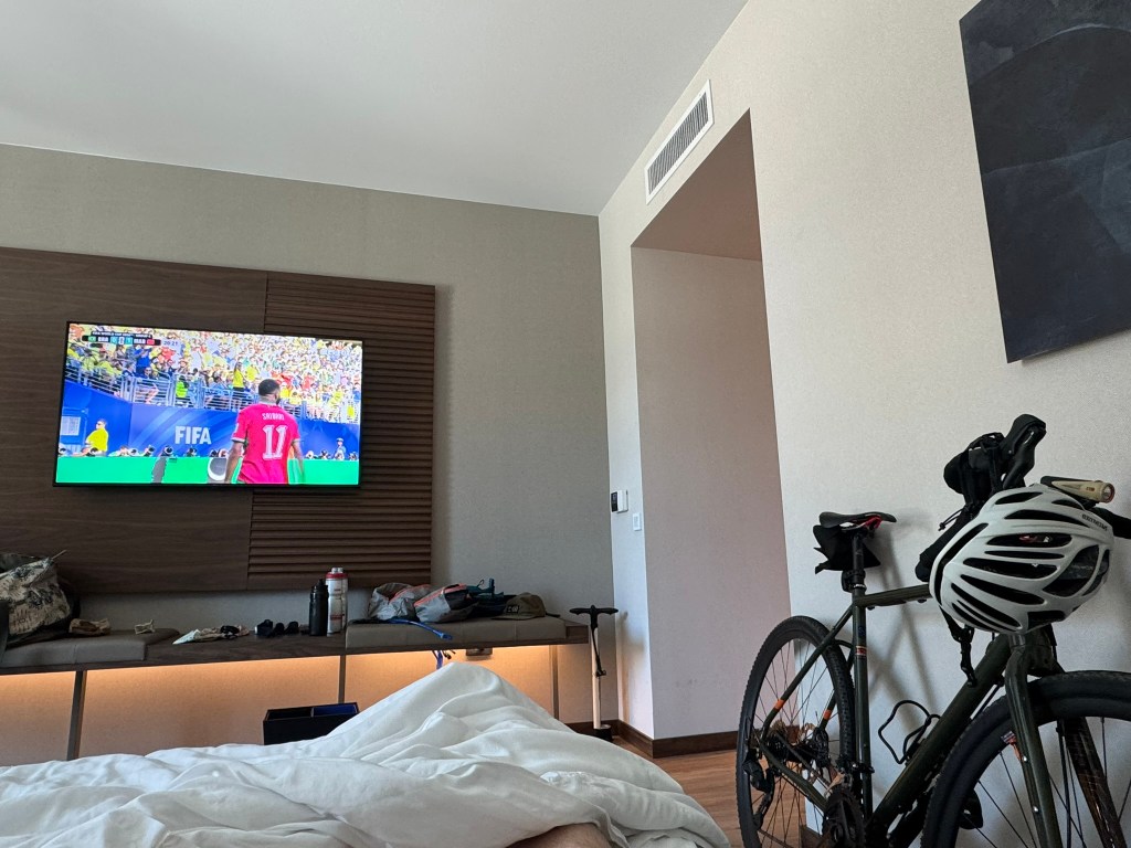 A bicycle in a hotel room