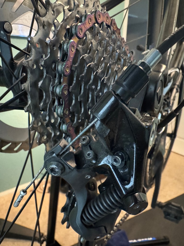 Close up view of a rear derailleur